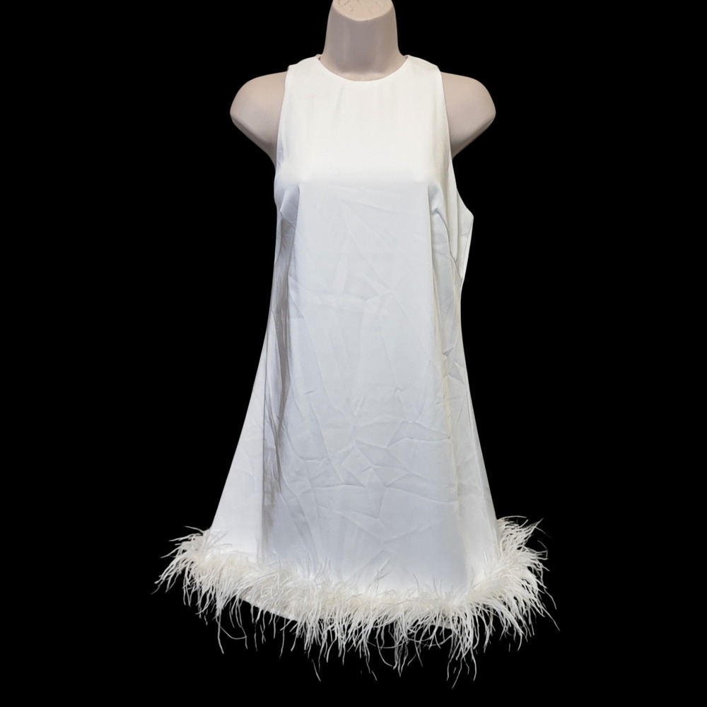 Mac Duggal 55805 Trapeze Dress 2 White Feather Hem High Neck Sleeveless  Glam